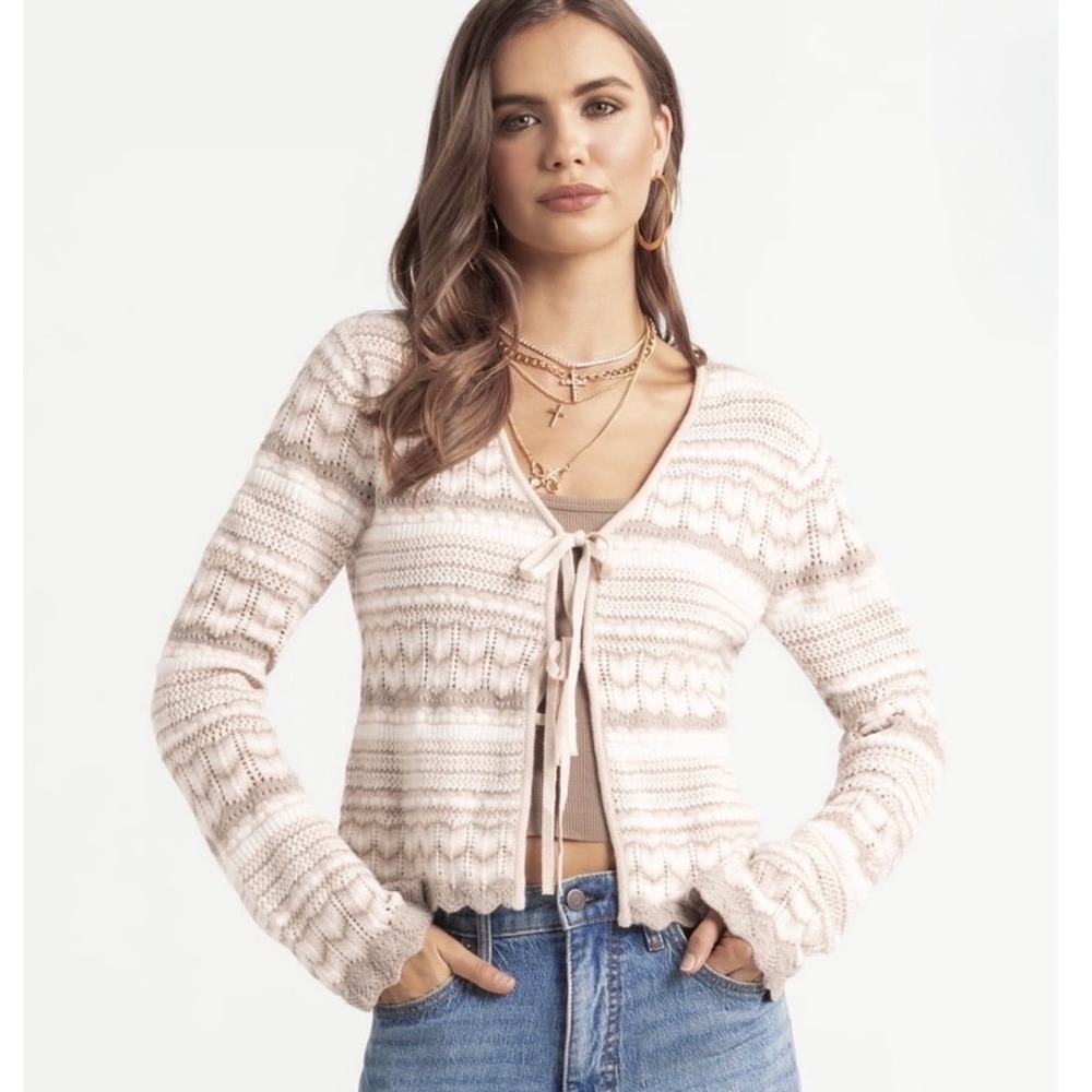 Jessica Simpson Alani Pointelle Cardigan Sweater Cream Tan Bow Tie Front- Medium